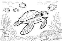 A large sea turtle gliding close to the front with a reef behind it – Magical Underwater World coloring page