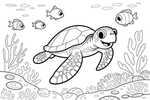 A large sea turtle gliding close to the front with a reef behind it – Magical Underwater World coloring page