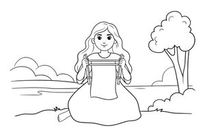 A long-haired fairy woman sitting by a river, weaving cloth – Lietuviškos pasakos coloring page