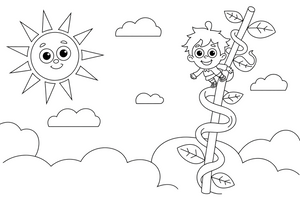 Jack peeking out from the top of the beanstalk into the clouds – Jack and the Beanstalk Story coloring page