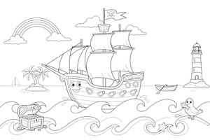 A pirate ship sailing on the waves – Adventurous Pirate coloring page
