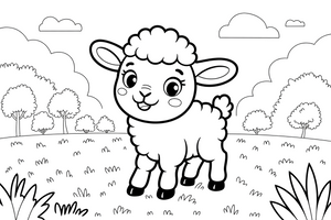 A tiny cute lamb with a fluffy woolly coat standing in the field – Baby Animal Pet coloring page