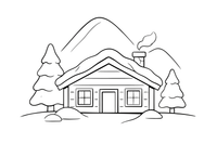 A wooden ski lodge with snow on the roof and lit windows – Charming Ski Resort Place coloring page