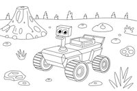 A space rover next to a big crater – Space Rover Trails coloring page