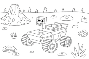 A space rover next to a big crater – Space Rover Trails coloring page