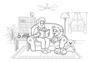 A grandpa reading in a chair with a grandchild – Happy Family Moments coloring page