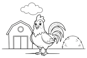 A rooster with a big tail and a tall comb standing in the farmyard – Playful Farm Animal coloring page