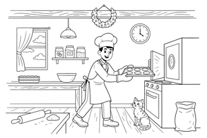 A baker taking a tray out of the oven – Cozy Bakery Place coloring page