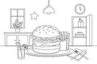 A burger with fries on a plate – Yummy Meals coloring page