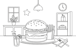 A burger with fries on a plate – Yummy Meals coloring page