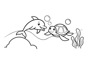 A dolphin swimming with a sea turtle – Playful Dolphin Creature coloring page