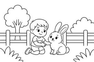 A child petting a rabbit – Zoo Day coloring page