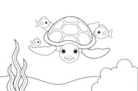 A big sea turtle, much bigger than the little fish around it – Majestic Ocean Giants coloring page