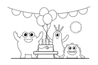 A group of monsters at a birthday party with balloons – Monsters coloring page