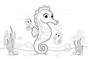 A mother seahorse with two tiny baby seahorses, all tails curled – Playful Seahorse coloring page