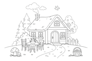 The bears' cozy cottage with three bowls on the table and three chairs – Goldilocks and the Three Bears Story coloring page