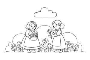 Two women in folk costumes gathering wildflowers in a meadow – Herb Day coloring page