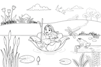 The tiny girl using a rose petal as a little boat – Thumbelina Story coloring page