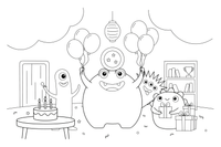 A group of monsters at a birthday party with balloons – Monsters coloring page