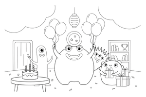 A group of monsters at a birthday party with balloons – Monsters coloring page