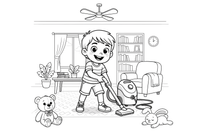 A child vacuuming the living room carpet – Chores & Helping coloring page