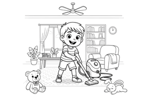 A child vacuuming the living room carpet – Chores & Helping coloring page