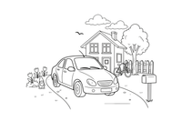 A friendly family sedan parked in front of a house – Different cars coloring page