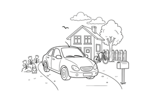 A friendly family sedan parked in front of a house – Different cars coloring page