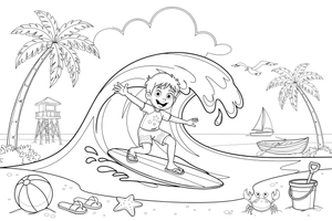 A surfer riding one big rolling wave – Sunny Beach & Seaside coloring page