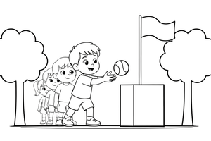 A child throwing a ball into a big box while other children wait in line – Sports Day coloring page