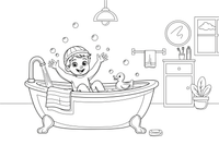 A child taking a warm bath with bubbles and a rubber duck – Daily Routine Activities coloring page