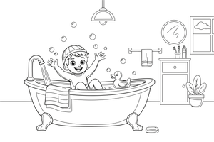 A child taking a warm bath with bubbles and a rubber duck – Daily Routine Activities coloring page