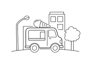 An ice cream truck with a big cone on top – City City Vehicles coloring page