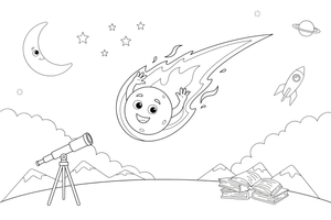 A meteor streaking down through the night sky with a bright trail – Exploring Space Objects coloring page