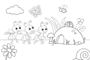 Three little ants walking in a line toward an anthill – Insects & Bugs Insect coloring page