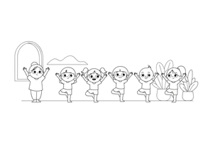 A whole yoga class in tree pose in a row – Yoga coloring page