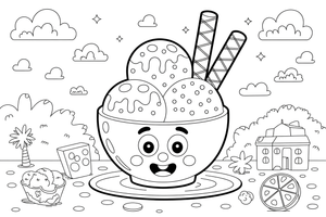 A bowl of ice cream with three scoops and a wafer – Frozen Treats Ice Cream coloring page
