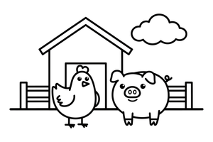 A chicken next to a pig at the farm – Chicken Family Life coloring page