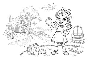 A girl with a bow holding a shiny apple – Fairytale Stories coloring page