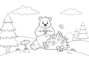 A bear eating berries from a bush – Bear Adventures coloring page