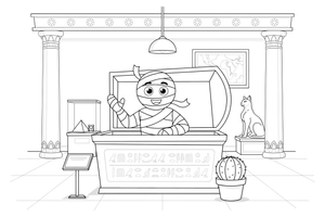 A mummy in an open sarcophagus on display – Historic Museum Places coloring page
