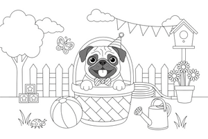 Pug peeking out of a basket – Playful Pug Dog coloring page