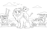 A lion cub climbing on its dad – Lion Majesty coloring page