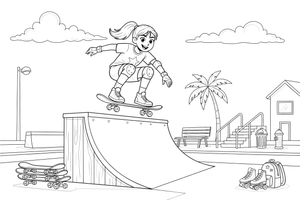 A skater girl on a ramp with a big jump – Cool Skateboarding coloring page