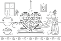 A heart-shaped honey cookie decorated with icing swirls – Traditional Lithuanian Food coloring page