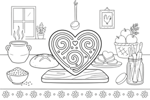 A heart-shaped honey cookie decorated with icing swirls – Traditional Lithuanian Food coloring page