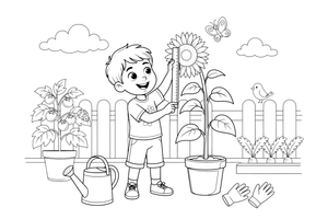 A child measuring how tall their plant has grown – Complete Plant Life Cycle coloring page