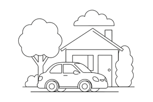 A friendly family sedan parked in front of a house – Different cars coloring page