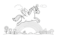A pony with tiny wings flying over a rainbow – Ponies coloring page