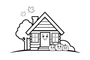 A cozy log cabin with pumpkins by the door – Thanksgiving Autumn coloring page